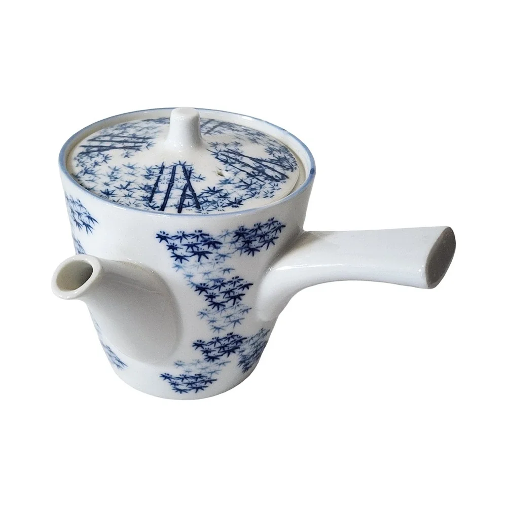 Vintage Japanese Kyusu Side Handle Teapot Blue Bamboo White Porcelain Japan